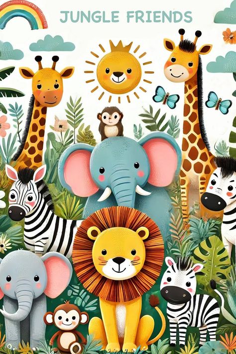 Bright and colorful jungle animal wall art perfect for playrooms nurseries and classrooms great for adding a fun touch Zoo Animal Themed Birthday Party, Jungle Animals Illustration, Animal Poster Design, Wild Animals Illustration, Jungle Wildlife, Poster Drawing Ideas, Jungle Themed Bedroom, Jungle Images, Jungle Themed Room