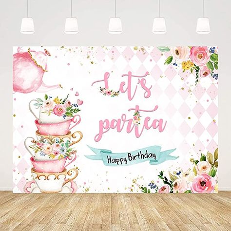 Lets Partea, Floral Birthday Backdrop, Tea Party Pictures, Backdrop For Birthday Party, Sunflower Cake, Pink Teapot, Diy Birthday Backdrop, Backdrop For Birthday, Cake Table Birthday