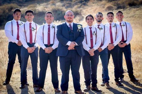 Groomsmen Attire Navy Burgundy, Navy Blue And Burgundy Groomsmen, Navy And Burgundy Groomsmen, Navy And Maroon Suit, Burgundy Groom Suit, Burgundy Groom, Groomsmen Attire Navy, Navy Groomsmen Suits, Bridesmaid Dresses Navy