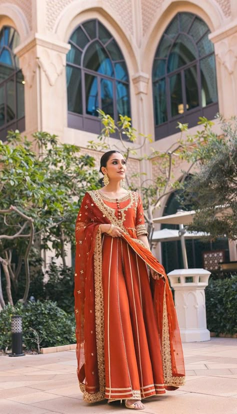 Burnt Orange Anarkali, Bridesmaid Rust Dress, Burnt Orange Saree, Orange Suits Punjabi, Orange Anarkali Suits, Orange Anarkali Dress, Rust Suit, Orange Anarkali, Designer Suits For Wedding