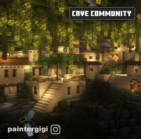 Minecraft Cave City Ideas, Cute Lush Cave House Minecraft, Underground Cave House Minecraft, Minecraft Cave Castle, Cave Garden Minecraft, Lush Cave Home Minecraft, Lush Cave Nether Portal Minecraft, Minecraft Lush Caves Village, Underground Minecraft Village