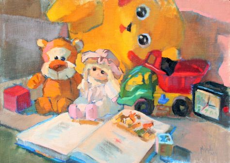 Colorful still life painting with toys Memory Artwork, Childhood Memories Art, Childhood Art, Nostalgia Art, Art Alevel, Art Assignments, Dancing Drawings, Nostalgic Art, Art Theme