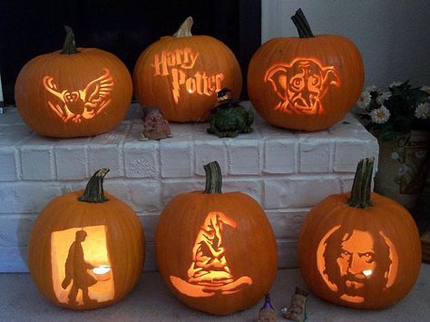 Harry Potter themed pumpkins! Who  wants to come over and have a carving/movie marathon? :) Harry Potter Pumpkin Carving, Harry Potter Pumpkin, Unique Pumpkin Carving Ideas, Harry Potter Halloween Party, Amazing Pumpkin Carving, Hallowen Ideas, Pumpkin Carving Designs, Labu Halloween, Pumpkin Carving Ideas