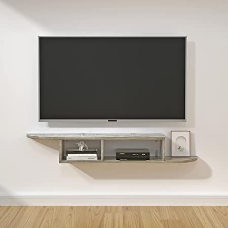 Modern Floating TV Stand Curved Wood Wall Mounted Media Console TV Shelf Floating Entertainment Center Under TV with Storage Shelf (Grey) Under Tv Shelf, Mounted Entertainment Center, Tv Floating Shelves, Tv Console With Storage, Tv Stand Wall, Wall Mount Entertainment Center, Floating Tv Console, Wall Mounted Media Console, Floating Tv Shelf