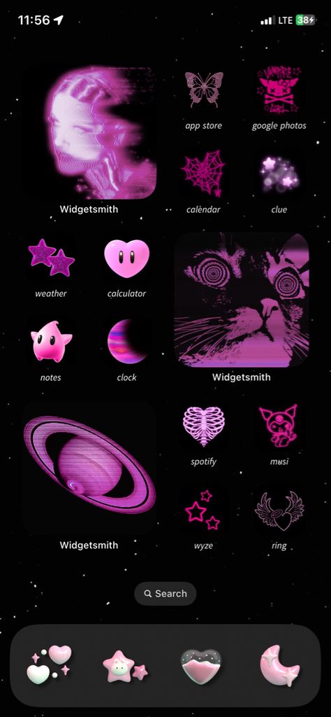 Neon Ios 16 Wallpaper, Black Pink Iphone Theme, Theme For Iphone App, Home Screen Layout Iphone Pink And Black, Ios Layout Aesthetic Purple, Pink Y2k Homescreen Layout, Y2k Ios 16 Layout, Layout Inspo Iphone, Dark Purple Iphone Layout