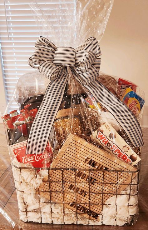 Movie Night In Gift Basket, Movie Themed Basket Ideas, Movie Popcorn Gift Basket, Christmas Gift Baskets For Office Staff, Movie Date Gift Basket, Popcorn Bowl Gift Basket, Movie Theatre Gift Basket Ideas, Popcorn Bowls Personalized, Gift Basket Ideas Auction