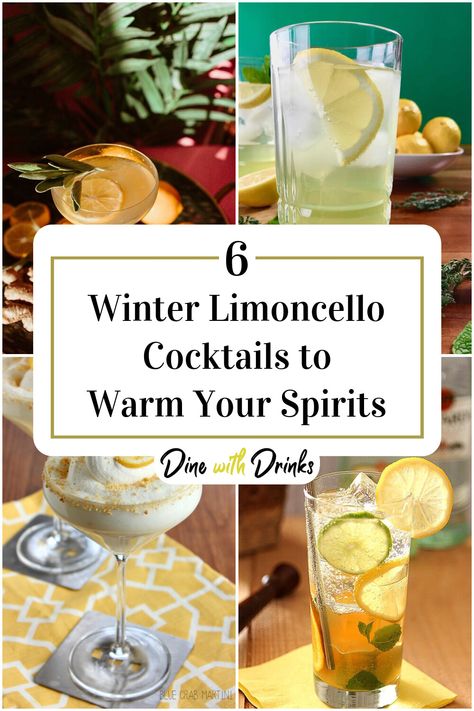 Collage of 4 winter limoncello cocktails. Limoncello Christmas Cocktail, Limoncello Cocktails Fall, Lemoncello Cocktails Recipes, Lemonchello Drinks Cocktails Limoncello Recipe, Lemoncello Drink Ideas, Limoncello Gin Cocktail, Cocktails With Limoncello, Drinks With Limoncello, Italian Cocktails Winter