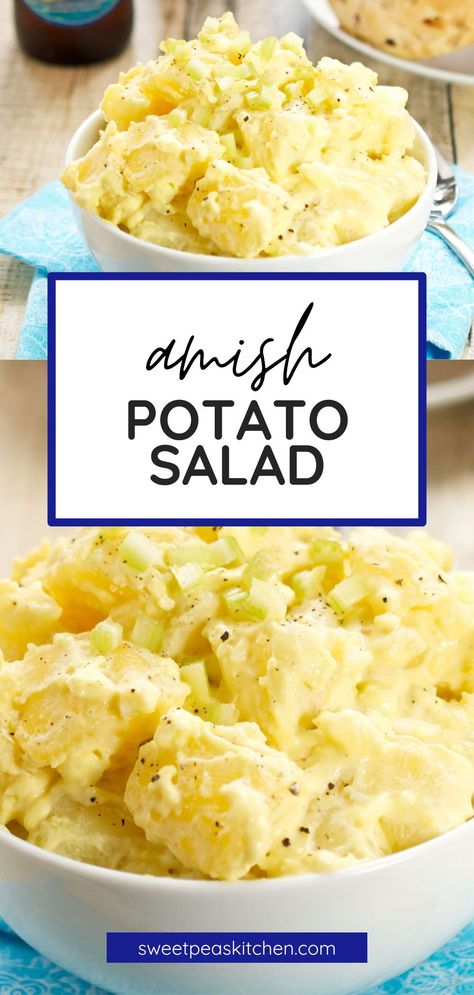 This delicious Amish Potato Salad should be a staple for picnics and summer events. It’s has a creamy texture and the pizzazz of apple cider vinegar and mustard. Amish Potato Salad Recipe, Amish Potato Salad, Easy Potato Salad Recipe, Traditional Potato Salad Recipe, Mustard Potato Salad, Amish Potato Salads, Homemade Potato Salads, Potato Salad Recipe Easy, Easy Potato Salad