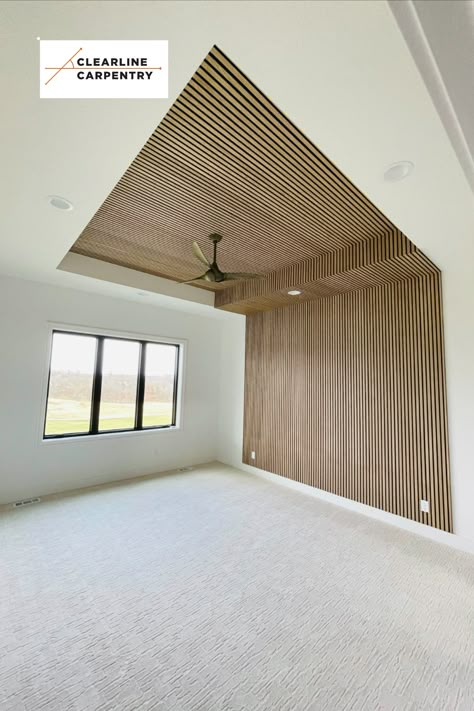 Slat Wall Up Ceiling, Slat Ceiling Bedroom, Wood Accent Wall And Ceiling, Pine Slat Ceiling, Accent Wall Uneven Ceiling, Slanted Wall Accent Ideas, Wood Slats On Ceiling, Scandinavian Wood Ceiling, Ceiling Cutout Ideas