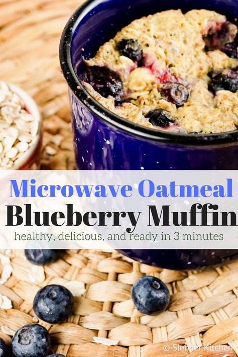 These Microwave Blueberry Oatmeal Muffins are ready in under five minutes and packed with good for you ingredients for a quick and healthy breakfast. Oatmeal Blueberry Muffins Healthy, Microwave Muffin, Microwave Oatmeal, Oatmeal Muffin, Blueberry Oatmeal Muffins, Muffin In A Mug, Eating Gluten Free, Healthy Blueberry Muffins, Slender Kitchen