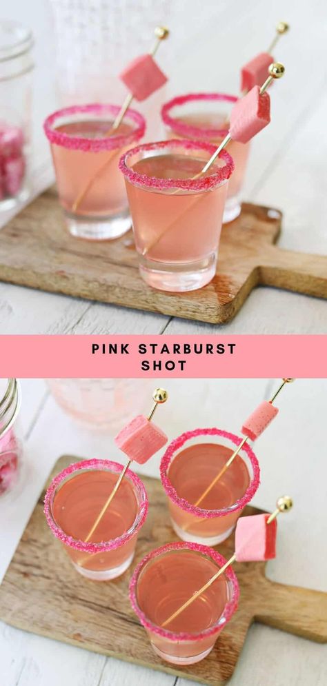 Pink Starburst Shot - A Beautiful Mess Pink Starburst Shot Recipe, Starburst Shot Recipe, Cute Girly Cocktails, Pink Starburst Shots, Pink Whitney Shots, Pink Drink Alcohol, Pink Shooters, Pink Starburst Drink, Pink Cocktails Recipes