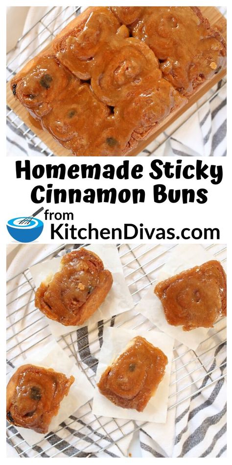 Homemade Sticky Cinnamon Buns are grandma’s, old fashioned, sticky buns with caramel and it is the best, soft, moist and gooey cinnamon buns recipe around! Sticky Cinnamon Buns, Gooey Cinnamon Buns, Homemade Sticky Buns, Cinnamon Buns Recipe, Cinnamon Sticky Buns, Easy Lunch Box Recipes, Easy Cinnamon Rolls Recipe, Cinnamon Bun Recipe, Sticky Buns Recipes