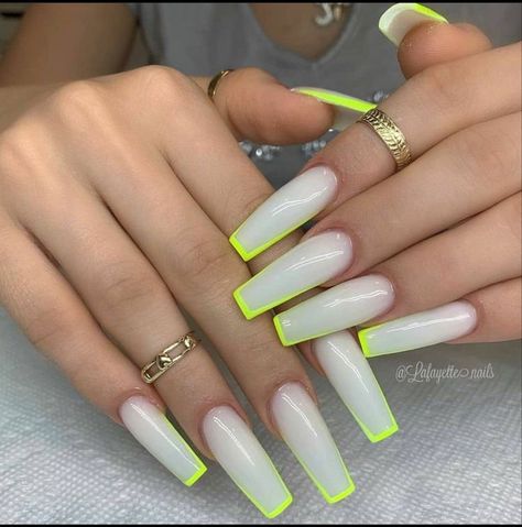 Acrylic Nails Kylie Jenner, Yellow Tips, Nails Rhinestones, Neon Yellow Nails, Natural Acrylic, French Acrylics, Nails Oval, Ombre Acrylic, Fall Acrylic