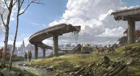 Broken Bridge The Last Of Us Landscape Concept Art, Apocalyptic Environment Concept Art, Apocalyptic City Concept Art, Apocalypse City, Art Apocalypse, Concept Art Landscape, Apocalypse Landscape, Post Apocalyptic City, Book Reference