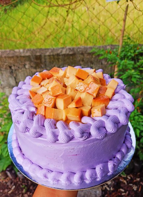 Purple Yam Cake with Leche Flan Ube Cake Design, Ube Leche Flan Cake, Ube Custard, Purple Yam Cake, Leche Flan Cake, Yam Cake, Ube Cake, Flan Cake, Purple Yam