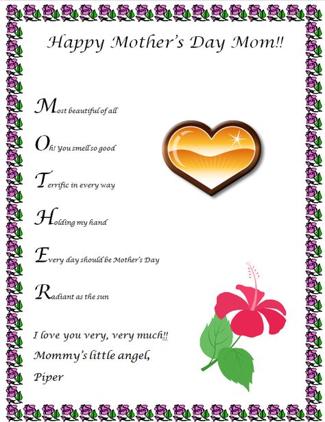 Mother's Day Acrostic Activity | K-5 Computer Lab Mother Acrostic Poem, Happy Mothers Day Poem, Mothers Day Coloring Pages, Mom Poems, Mothers Day Poems, Happy Mothers Day Mom, Mother Poems, Mother's Day Activities, Happy Mother Day Quotes