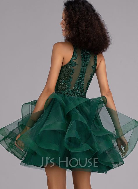 Ball-Gown/Princess Scoop Neck Short/Mini Tulle Cocktail Dress With Sequins (016216028) - JJ's House 40th Birthday Dress, Emerald Quince, Emerald Green Quinceanera Theme, Formal Dresses For Girls, Bat Mitzvah Dress, Green Quinceanera Theme, Emerald Green Quinceanera, Tulle Dress Short, Gowns Princess