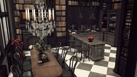 Sims 4 Dark Interior, Sims 4 The Goths House, Sims 4 Goth House Interior, Sims 4 Dark Academia Apartment, Dark Academia Interior Design Kitchen, Sims 4 Victorian Kitchen, Sims Dark Academia House, Bloxburg Gothic House Interior, Sims 4 Vampire Apartment