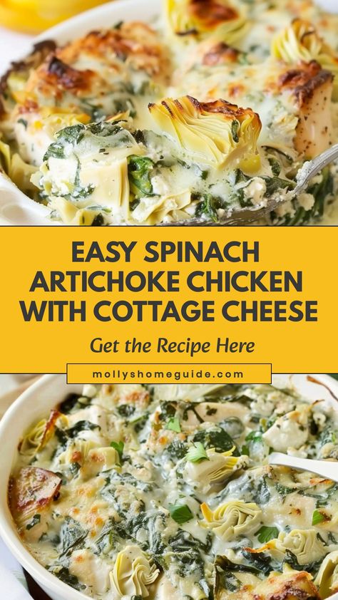 Indulge in the creamy goodness of spinach artichoke chicken made with cottage cheese. This recipe is a delightful twist on a classic favorite, combining tender chicken with a luscious blend of spinach, artichokes, and rich cottage cheese. The result is a flavorful and satisfying dish that is perfect for any occasion. Whether you're cooking for yourself or entertaining guests, this spinach artichoke chicken recipe will surely impress. Try it today and experience the delicious harmony of flavors i Spinach Artichoke Chicken With Cottage Cheese, Paleo Spinach Artichoke Chicken, Spinach Artichoke Chicken Casserole – Keto And Low Carb, Spinach Artichoke Cottage Cheese, Chicken With Artichokes And Spinach, Spinach And Artichoke Recipe, High Protein Spinach Artichoke Chicken, Spinach Artichoke Chicken Skillet, Chicken Recipes With Cottage Cheese