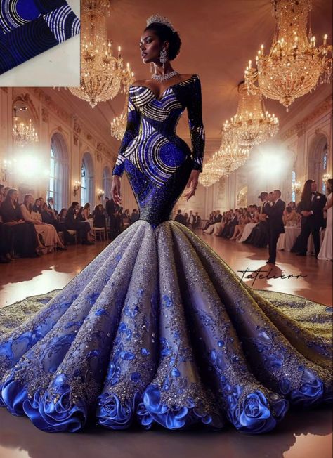 Luxury Blue Mermaid Wedding Dress, Blue And Gold African Wedding Dress, African Wedding Gowns, Kente Ball Gown, Luxury Blue Dress-up Gown, Luxury Gold Ball Gown For Dress-up, Golden Wedding Dress, My Culture, African Prom Dresses