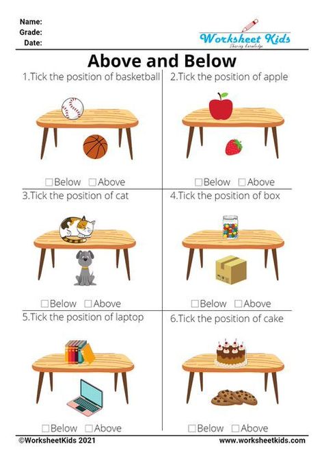 Free printable position worksheets helps kids to know the spatial concept awareness. Worksheets on left and right directions, top, middle and bottom, above and below, beside and next to improve their knowledge on spatial position words. Spatial Concepts Preschool, Above And Below Worksheets, Learning Colors Activities, Spatial Concepts, Preschool Math Worksheets, Kids Worksheets Preschool, Free Preschool Worksheets, Kids Math Worksheets, Math Activities Preschool