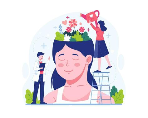 World Mental Health Day Concept Illustration. A Woman Watering Blooming Flowers Growing in a Huge Female Head. Psychological Support, Healthy Mind, and Positive Thinking Selamat Hari Valentine, World Mental Health Day, Health Icon, Importance Of Mental Health, Flowers Growing, Concept Illustration, Mental Health Day, Female Head, Tropical Drink