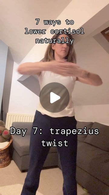 Vikki Louise on Instagram: "If you’re perimenopausal or menopausal the liklihood is that you’re living with chronically unbalanced cortisol. 
Over the next 7 days I’ll be sharing 7 different natural ways to help rebalance that cortisol which can have a knock on effect on balancing other hormones.

Day 7: the trapezius twist. This is another fantastic way to work on your vagal tone. Stimulating the vagus nerve and simultaneously relieving physical tension. Start by interlocking your fingers and performing a trapezius twist swinging from side to side with your hands at lower abdominal level. Gradually work the way up the body until arms are above head height then slowly work back down.
Focus on nasal breathing as you do this.

This is great vagal toning exercise to do if you have been sittin Natural Ways To Lower Cortisol, Vagal Toning Exercises, Vagal Nerve Exercises, Vagal Tone, Nasal Breathing, The Vagus Nerve, Mental Health Facts, Body Stretches, Vagus Nerve