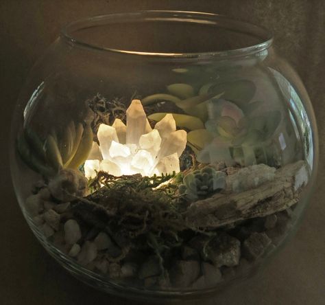 "Make your own light-up crystal terrarium bowl! 6 inch x 6 inch x 6 inch terrarium with faux succulents and light up crystal made out of glue sticks. Lighted crystal changes colors when you push down on the crystal. Loose yourself in this mini magical landscape! Makes a great gift for all ages! Perfect for brown-thumbs...no plant care involved. This will last forever!  Comes with 6\" glass bowl, moss, gravel, light-up crystal (comes with 3-AAA batteries), natural mesquite wood, and stones. Conte Fairy Light Terrarium, Fake Plant Terrarium, Alien Terrarium, Hobbit Terrarium, Spooky Terrarium, Crystal Terrarium Diy, Faux Terrarium, Crystal Alter, Indoor Plant Care Guide