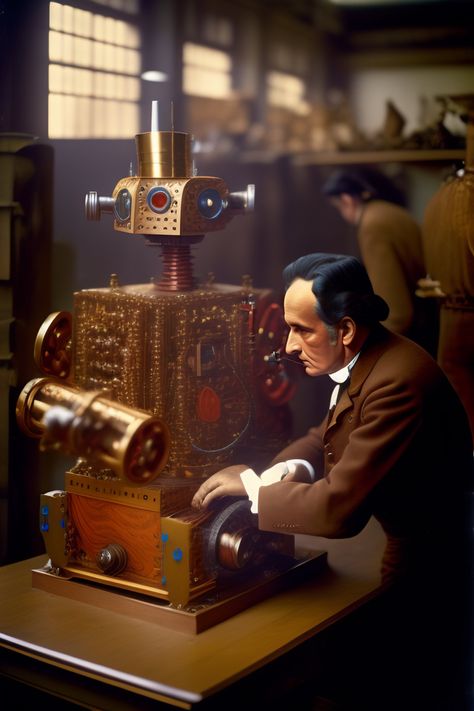 A photo of Charles Babbage building a robot by Philippe Halsman, setting in an engineer workshop, canon lens, shot on dslr 64 megapixels sharp focus, vintage photography, Victorian colorised Engineer Workshop, Robot Workshop, Man Building, Charles Babbage, Philippe Halsman, Build A Robot, Game Logo Design, An Engineer, A Robot