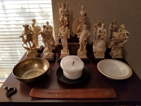 Theoi altar Zeus Altar, Snake Statue, Olympian Gods, Altar Ideas, Zeus And Hera, Guardian Spirit, Roman Gods, Home Altar, Pagan Witchcraft