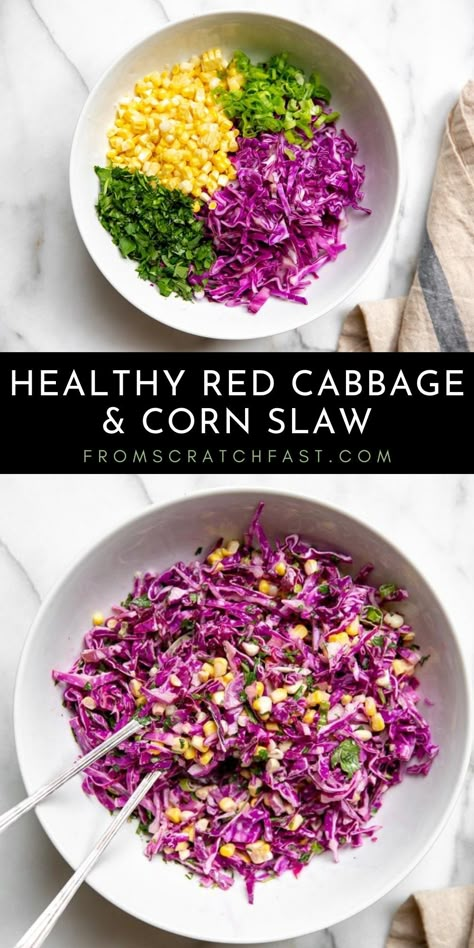 Red Cabbage Corn Salad, Corn Cabbage Slaw, Red Cabbage Bowl, Shredded Red Cabbage Recipes, Recipes With Red Cabbage Meals, Red Cabbage Tacos, Red Cabbage Taco Slaw, Purple Cabbage Slaw For Tacos, Meals With Red Cabbage