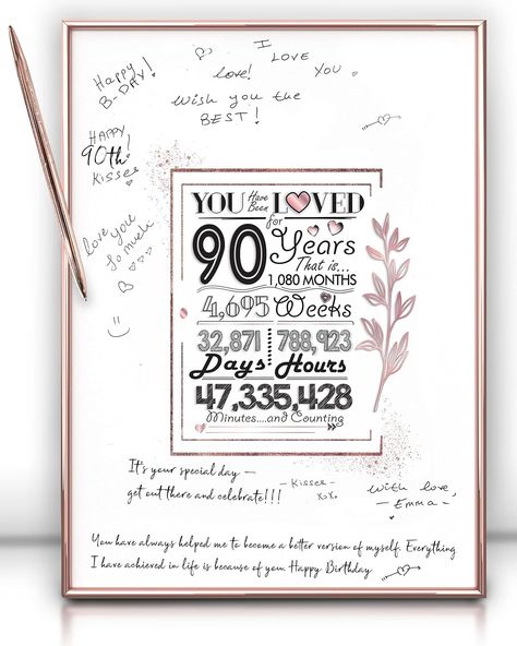 Amazon.com: Framed Rose Gold 90th Birthday Decorations Sign Poster for Girl - 90 Birthday Gift 12"x16" Guest Party Favors Book Alternative – With Pen & Wall Hanger – Great 90 Years Old Gifts for Womens : Office Products Guest Party Favors, 90 Birthday, 90th Birthday Decorations, 80th Birthday Decorations, 88th Birthday, 90th Birthday Parties, Rosé Birthday, 90th Birthday Gifts, 90's Birthday Party