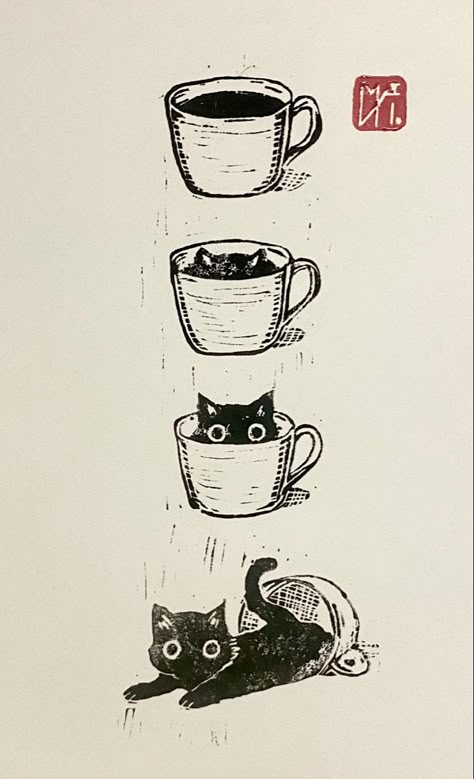 Just a cute dark soul. Cat Linoleum Print, Coffee Linocut, Soggy Cat, Lino Ideas, Stencil Paint, Linocut Ideas, Cat Outline, Linoleum Print, Lino Art