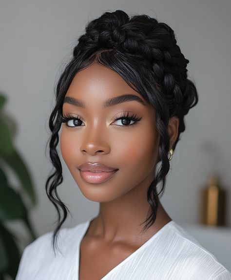 💇 Chic Braided Updo With Headband Glamorous Braids Updo Hairstyle Natural Wedding Makeup With Glasses, Black Hair Wedding Updo, Black Wedding Updo Hairstyles, Bridesmaids Hairstyles For Black Women, Black Hair Wedding, Hair Wedding Updo, Bridesmaids Hairstyles, Updo With Headband, Braids Updo