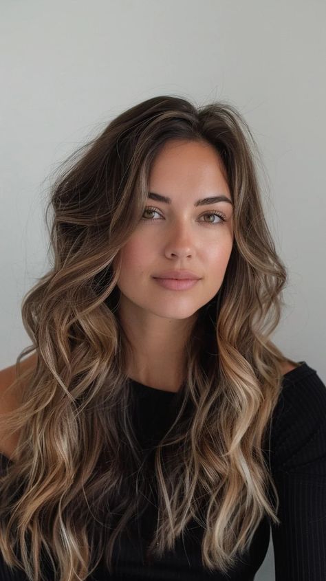 Cool Baylage, Balayage In Brunette Hair, Natural Brown Hair With Balayage, Brunette Balayage Hair Long Layers, Balayage Hair Brunette With Blonde Extensions, Brown Balayage Hair Blue Eyes, Brunette Mini Highlight, Brunette Balayage Hair Blonde Caramel Highlights Ombre, Ash Brown Caramel Balayage