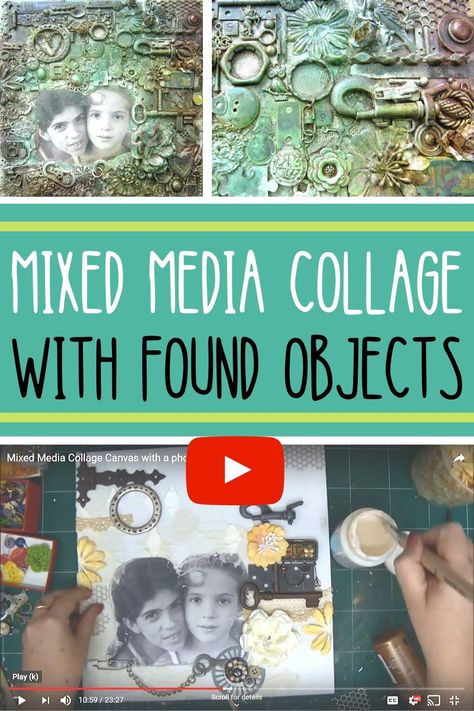 How to make mixed media collage with found objects - easy to follow video tutorial #einatkessler #mixedmedia #collage #crafts #tutorial Diy Mixed Media Art Tutorials, Multi Media Collage, Mixed Media Collage Artwork, Texture Collage, Springtime Decor, Steampunk Mixed Media Art, Gandhara Art, Collage Crafts, Improve Drawings