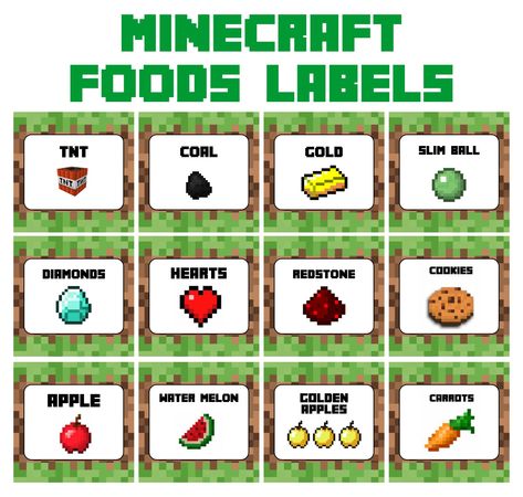 Printable Minecraft Food Tent Cards Printable Minecraft Food Labels, Minecraft Party Food Labels Free, Minecraft Themed Food, Free Minecraft Party Printables, Minecraft Printables Free Templates, Minecraft Food Printables Free, Minecraft Food Labels Free, Minecraft Food Ideas, Minecraft Snacks