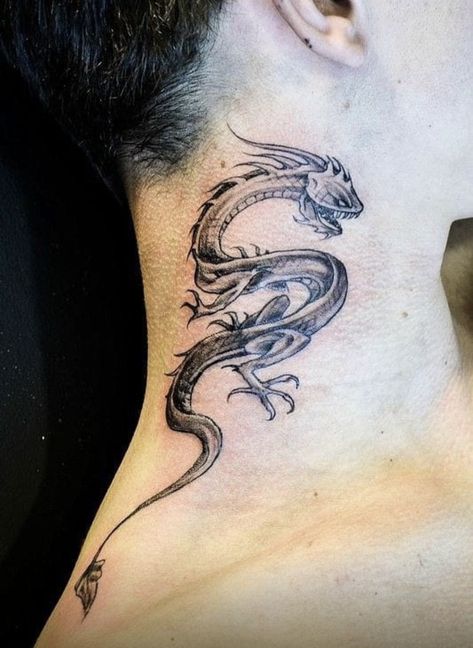 Dragon Tattoo Neck, Haku Dragon Tattoo, Tiny Lotus Tattoo, Back Of Neck Tattoo Men, Haku Dragon, Best Neck Tattoos, Dragon Tattoos For Men, Behind Ear Tattoos, Back Of Neck Tattoo