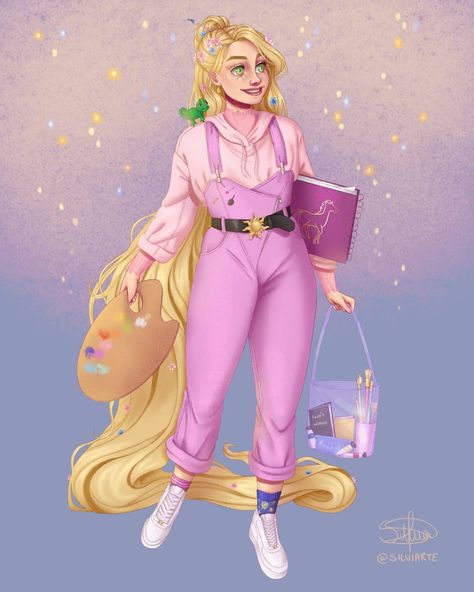 Silvia's art 🧚🏻‍♀️ on Instagram: “Modern Rapunzel! I really enjoyed drawing her 💕 Swipe for @maripapeles lovely version of her and for a close up on the next slide 🌟 Link to…” Rapunzel Fanart Modern, Rapunzel Moodboard, Rapunzel Fanart, Modern Rapunzel, Disney Princess Challenge, Rapunzel Outfit, Rapunzel Cosplay, Disney Inspiration, Alternative Disney Princesses