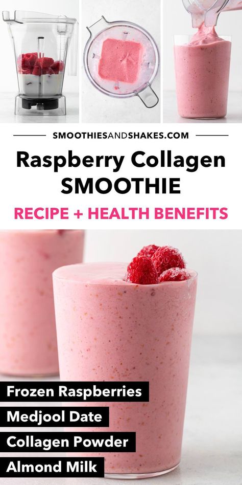 For a tasty way to support skin health, make this 4-ingredient raspberry collagen smoothie. It takes just 5 minutes to prepare this easy recipe. #raspberrycollagensmoothie #collagensmoothie #raspberrysmoothie #proteinsmoothie #raspberryrecipes
#collagen Collagen Powder Drink Recipes, Collagen Rich Recipes, Collagen Drink Recipes, Collagen Smoothie Recipes, Collagen Smoothie, Health Smoothie Recipes, Collagen Coffee, Collagen Recipes, Green Smoothie Challenge