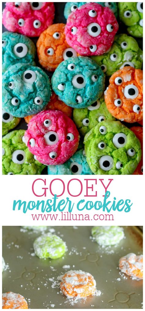 Fun, bright and festive cake mix cookies are all dressed up to look like monsters. Gooey monster cookies are great all year long!! #gooeymonstercookies #monstersuckers #halloweencookies #halloweencandy #halloween Monster Face Cookies, Gooey Monster Cookies, Monster Birthday Cookies, Monster Eye Cookies, Fall Monster Cookies, Cake Mix Monster Cookies, Halloween Crinkle Cookies, Cake Mix Halloween Cookies, Halloween Cake Cookies