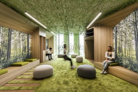 Relax Room Office, Office Relaxation Room, Forest Lounge, Forest Office, Green Lounge, Sensory Rooms, Areas Verdes, Green Office, Co Working Space