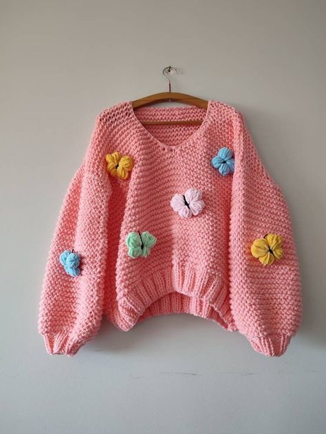 Oversize Crochet Sweater, Pullover Sweaters Women, Pink Crochet Sweater, Embroidery Butterflies, Oversize Knit Sweater, Embroidery Halloween, Cozy Jumper, Sweater Embroidery, Oversize Sweater