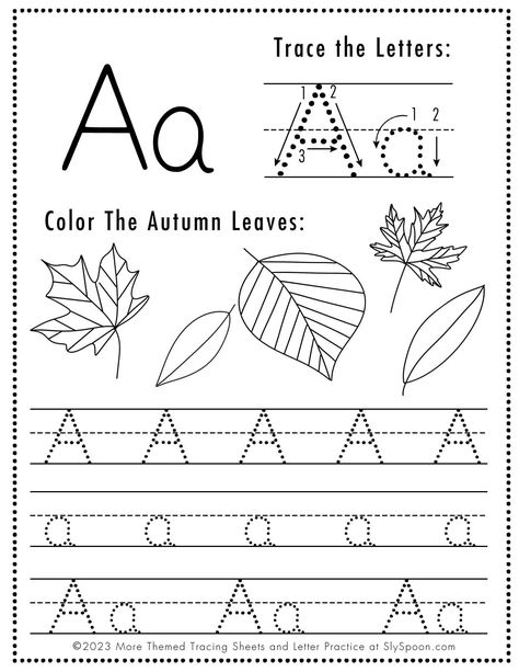 Letter Tracing Sheets Free Printable, November Free Printables, Letter A Printables Free, Fall Worksheets For Preschool Free Printables Autumn, Halloween Letters Preschool, Free Printable Alphabet Letters A-z, A Worksheets Preschool, Letter A Worksheets For Preschool, Letter A Practice