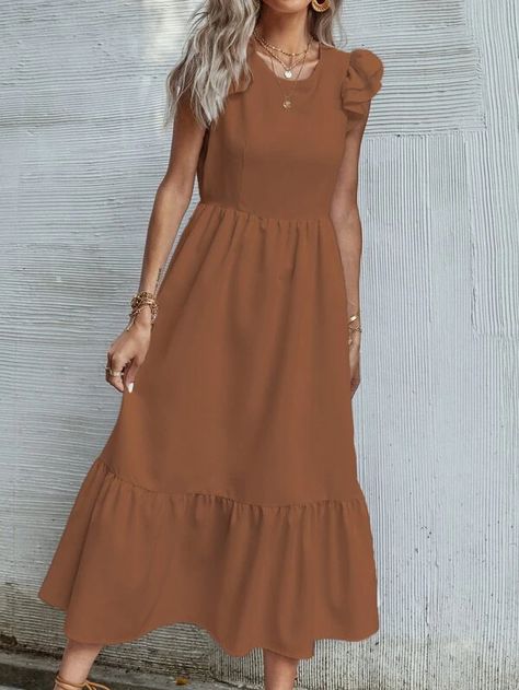 Solid Ruffle Trim Dress | SHEIN USA Floor-length Summer Dress With Ruffle Hem, Summer Floor-length Ruffle Dress With Ruffle Hem, Brown Ruffle Hem Dress For Beach, Brown Ruffle Hem Maxi Dress, Beige A-line Dress With Ruffle Hem, Ruffle Trim Dress, Trim Dress, Shein Style, Belted Dress