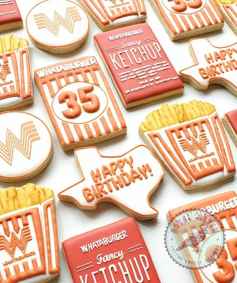 Whataburger Cookies Whataburger Photoshoot, Whataburger Party, Texas Cookies, Tailgating Trailers, What A Burger, Burger Party, Texas Theme, Cookie Craft, First Birthday Party Themes