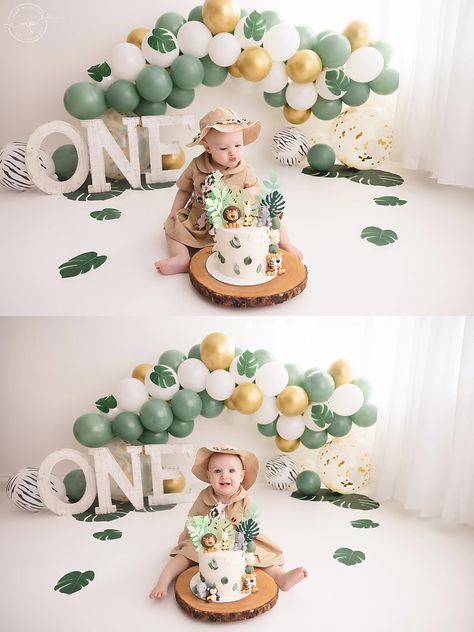 Modern Safari Cake Smash | Airdrie + Calgary Child Milestone Photographer Luau Table Decorations, Safari Cake Smash, Cake Smash Theme Ideas, Luau Table, Birthday Portraits, Cake Smash Theme, Giraffe Cakes, First Birthday Photography, Safari Cake