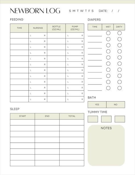 This is a newborn care log sheet template that is perfect for keeping track of your baby during those hazy newborn days and nights. This newborn log template includes sections for tracking feedings (breastfeeding and bottle feeding), diapers, sleep, baths, tummy time, and any other notes you need to add throughout the day, such as weight and mood! Newborn Charts Printable, Daily Sheets For Infants, Baby Schedule Template, Infant Care Sheet, Newborn Log Printable, Bujo Newborn Tracker, Newborn Activities, Baby Journal Book, Baby Tracker