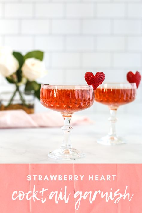 Strawberry hearts are the perfect garnish for sparkling rosé or your Valentine's Day cocktail of choice.  #californiastrawberries #strawberryhearts #snackwithheart #roséallday #cocktails #drinks #garnish #cocktailgarnish #festive #valentinesday #vday Strawberry Cocktail Garnish, Strawberry Garnish Cocktail, Galentines Cocktails, Strawberry Garnish, Strawberries Dipped In Chocolate, Rose Cocktail Recipes, Heart Cocktail, Cocktail Garnishes, Valentine Drinks