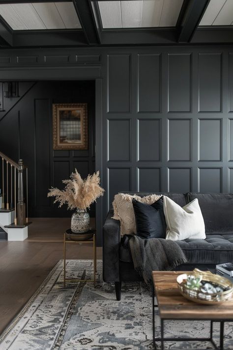 Modern Moody Living Room Accent Wall, Moody Coffered Ceiling, Moody Modern Basement, Organic Modern Dark, Dark Moody Living Room Wallpaper, Moody Sitting Room, Dark Moody Basement, Moody Neutral Living Room, British Colonial House